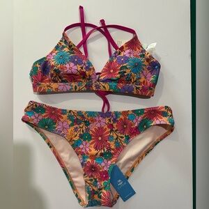 Cupshe Floral Crisscross Lace Up Bikini Set Pink Orange Small